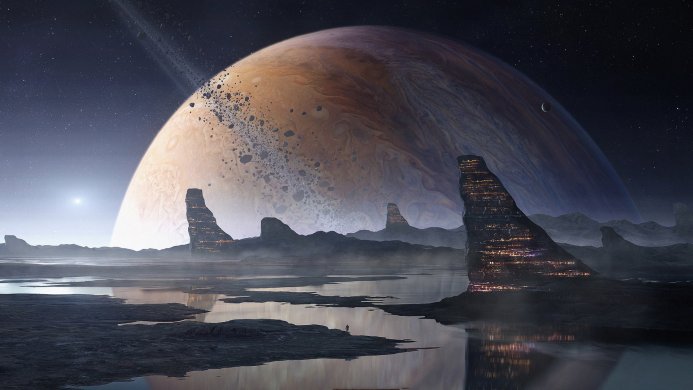 A large planet dominates the sky over a rocky landscape with futuristic cityscapes. A small figure stands in the foreground