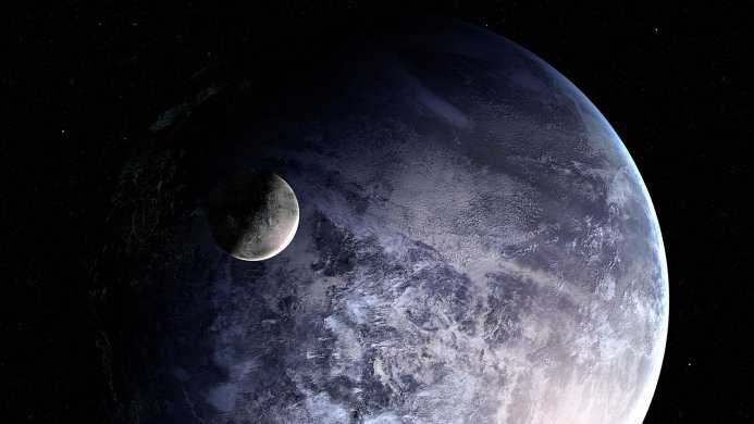 A planet with its moon against a backdrop of stars