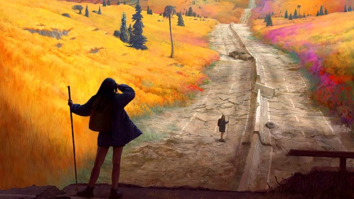 Two women on a cracked road in a post-apocalyptic landscape with yellow fields
