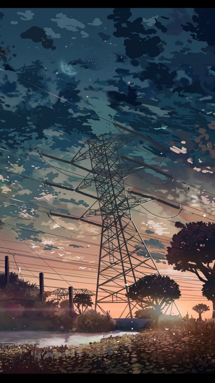 Illustration of power lines against a twilight sky, with trees and a body of water in the foreground