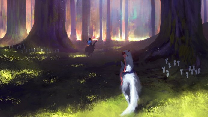 San, Ashitaka, and Kodama in a forest from Princess Mononoke
