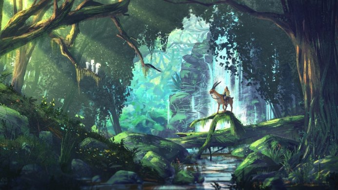 A figure on a deer-like creature near a waterfall, inspired by Princess Mononoke