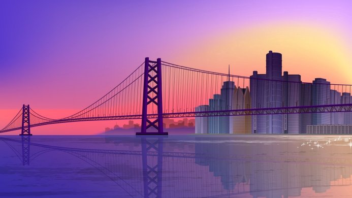 A purple bridge and city skyline reflecting in calm water during sunset