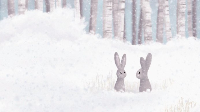 Two gray rabbits in a snowy forest, digital art
