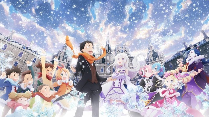 Group of characters from Re:Zero anime in a winter wonderland setting with snow and a castle