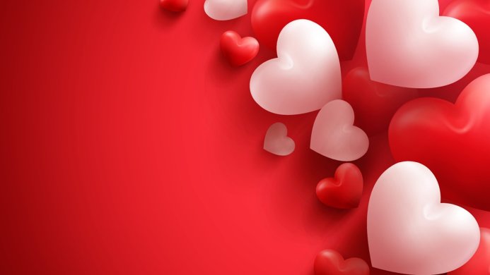 Red background with red and white hearts on the right side