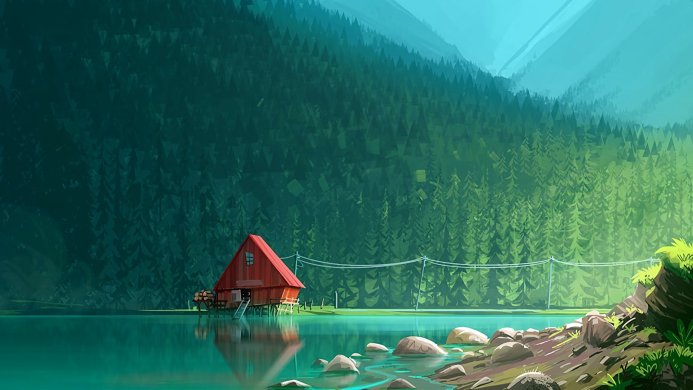 Red cabin on a lake surrounded by a forest and mountains