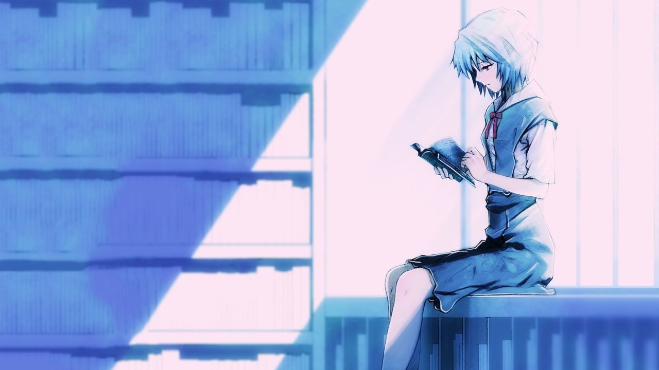 Rei Ayanami reading book in library sunlight