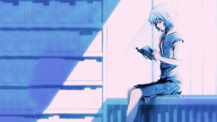 Rei Ayanami from Neon Genesis Evangelion reading a book in a library, cool colors