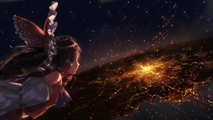 Reimu Hakurei from Touhou Project gazes at a burst of spiritual energy in the night sky