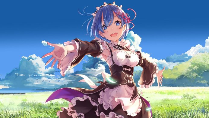 Rem from Re:Zero, a blue-haired anime girl in a maid outfit, smiling with open arms in a grassy field