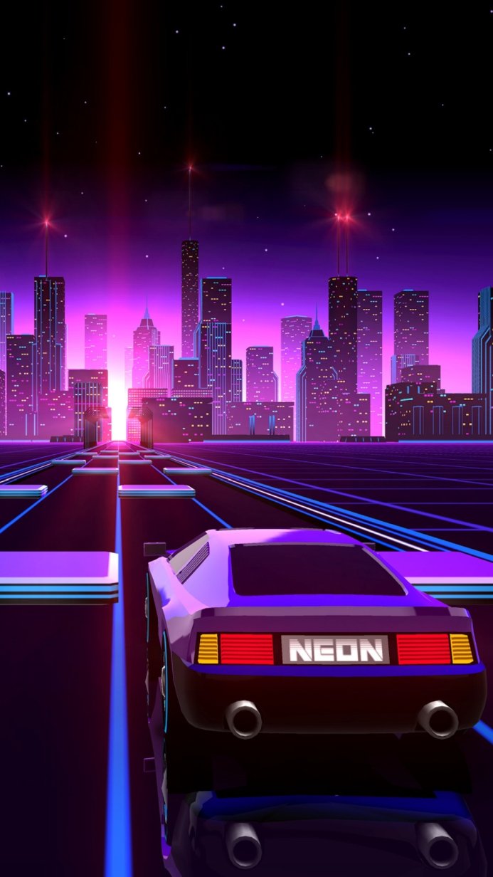 Retro car in a neon cityscape