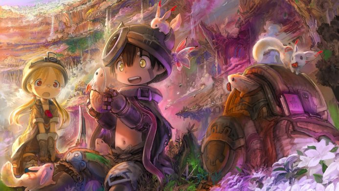 Riko and Reg from Made in Abyss with creatures, set in a layered landscape