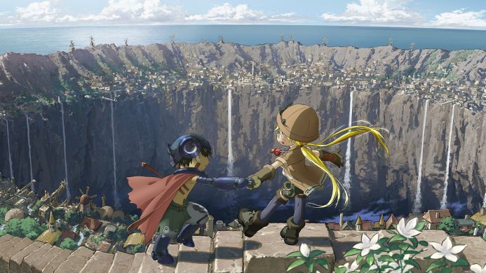 Riko and Reg from Made in Abyss standing on the edge of the Abyss overlooking a vast landscape