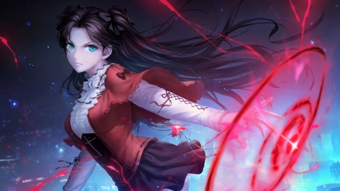 Rin Tohsaka from Fate/stay night casting magic with a red circle