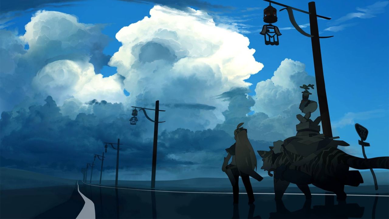 Silhouette of person and creature on road