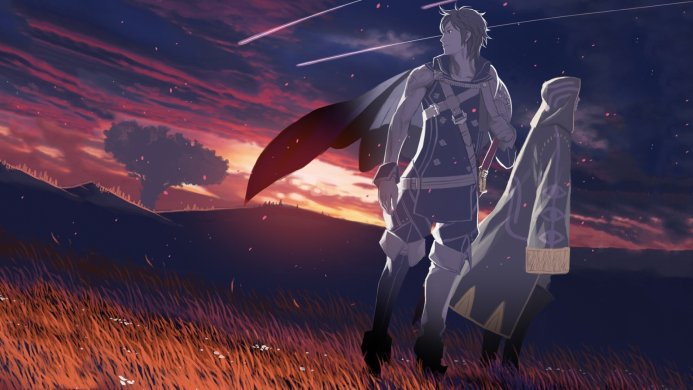 Robin and Avatar from Fire Emblem Awakening anime standing in a field watching the sunset