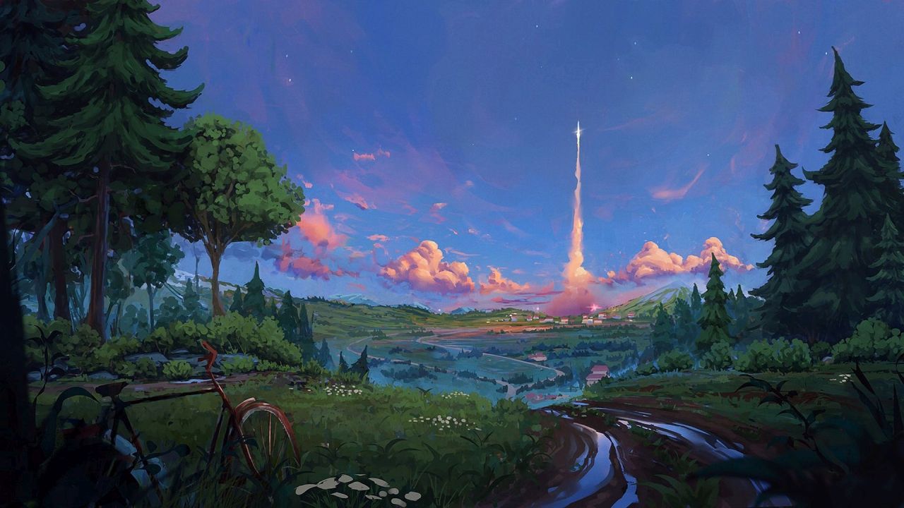 Rural landscape with a rocket launch at sunset