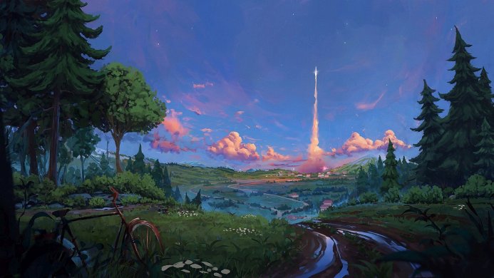 Rocket launch over a green landscape with a bicycle in the foreground