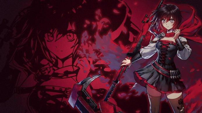 Ruby Rose from RWBY, holding her scythe-gun in a red and black outfit