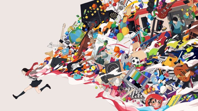 A schoolgirl runs, with a stream of objects trailing behind her in a colorful and chaotic illustration