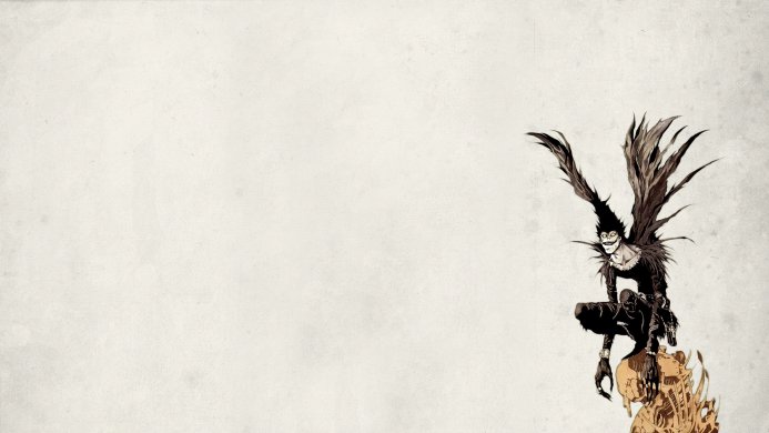 Ryuk, a shinigami from Death Note, crouching on a structure with flames beneath him
