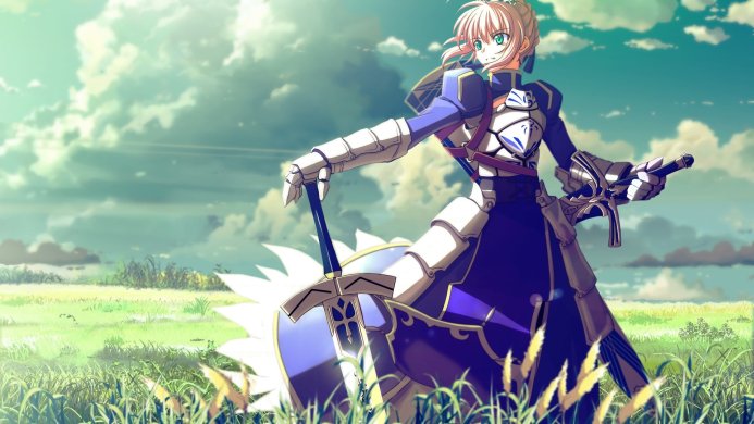 Saber (Artoria Pendragon) from Fate/stay night stands in a field holding her sword