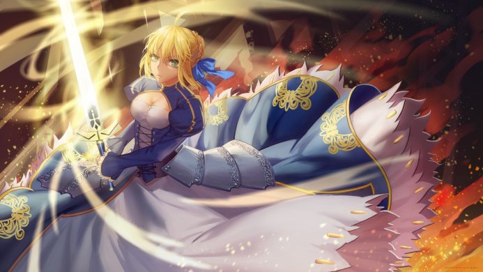 Saber from Fate/stay night holding a glowing sword, with a determined expression