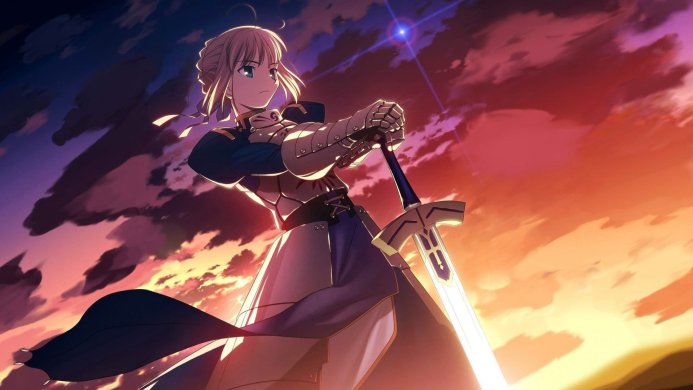 Saber from Fate/stay night holding her sword against a sunset sky