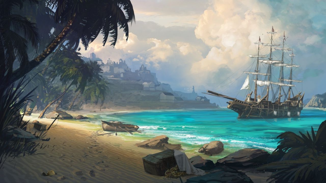 Pirate ship anchored tropical beach palm trees