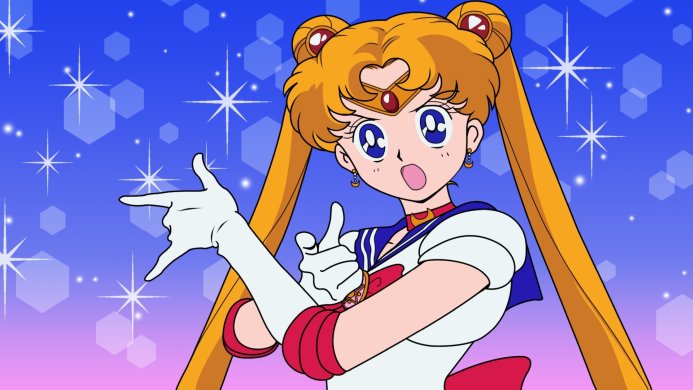 Sailor Moon points with confidence against a starry, gradient background