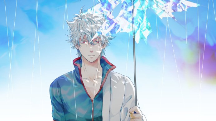 Sakata Gintoki from Gintama holding an umbrella in the rain