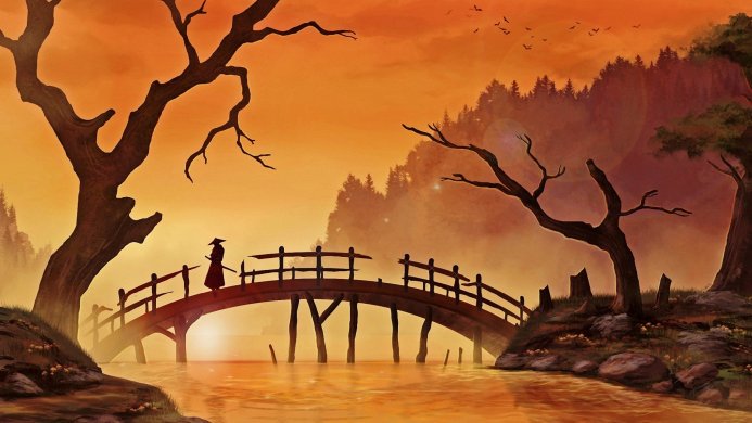 Silhouette of a samurai on a bridge against an orange sky, surrounded by trees