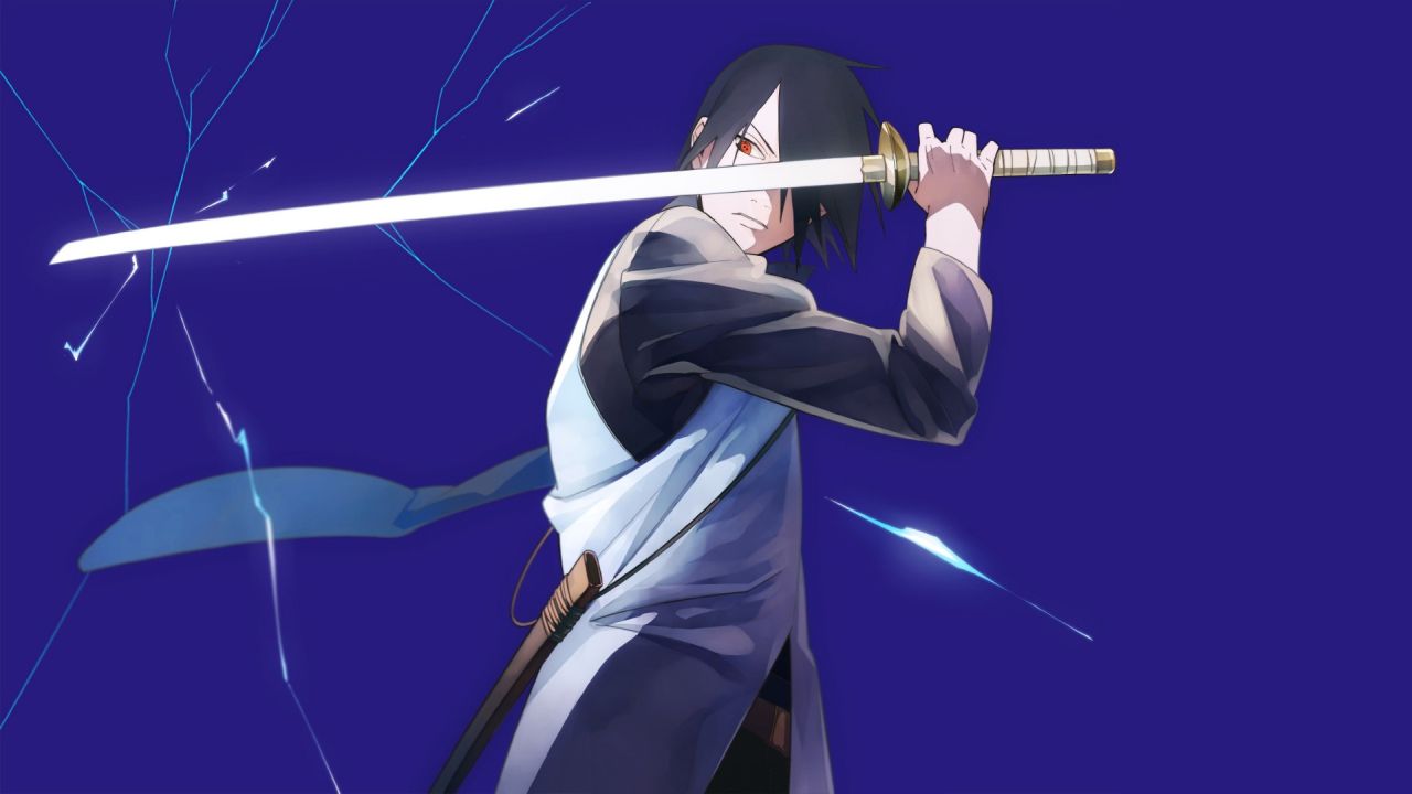 Sasuke Uchiha holding katana in front of face anime