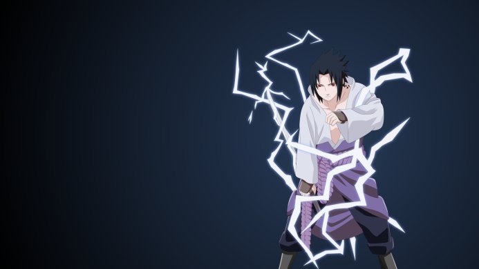Sasuke Uchiha from Naruto surrounded by lightning, with Sharingan eyes