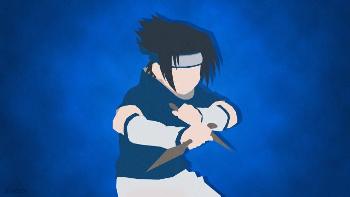 Sasuke Uchiha, a character from Naruto, in a minimalist style with a kunai in his hands