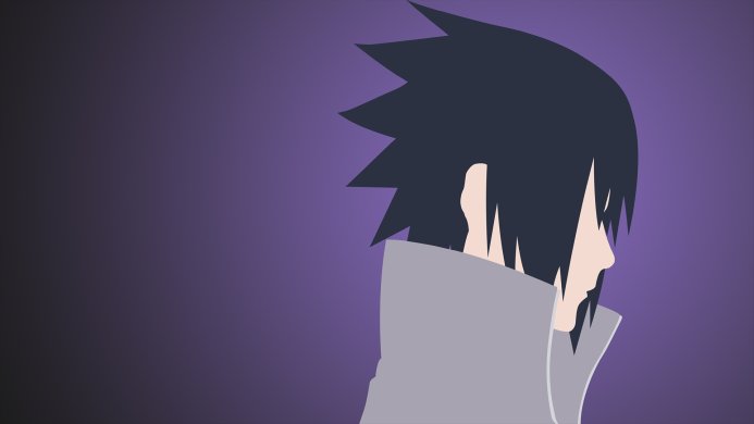 Minimalist image of Sasuke Uchiha from Naruto with purple background