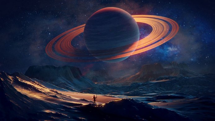 Saturn above an alien planet with a figure standing on the surface