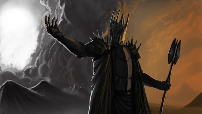 Sauron, the dark lord from The Lord of the Rings, wearing his armor and the One Ring