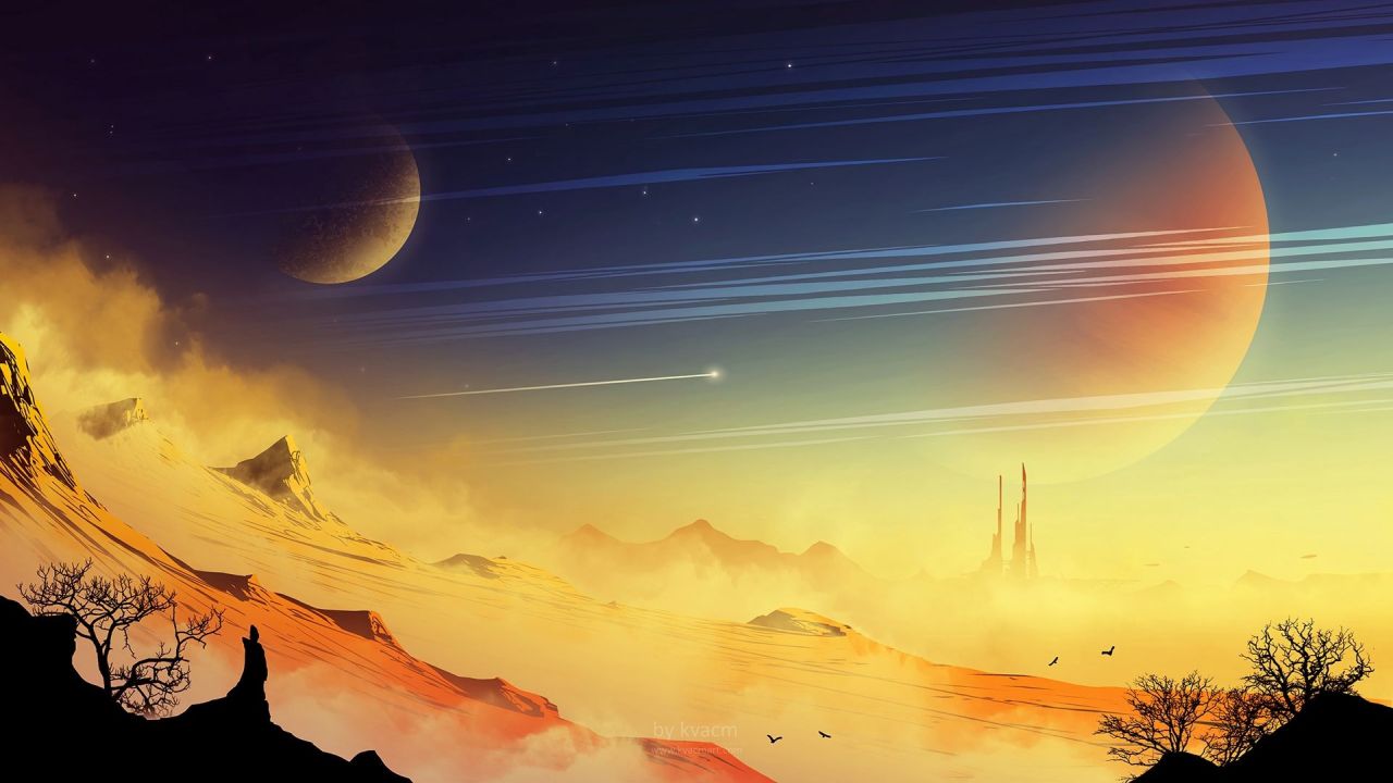 Sci-fi landscape with planets futuristic city and person