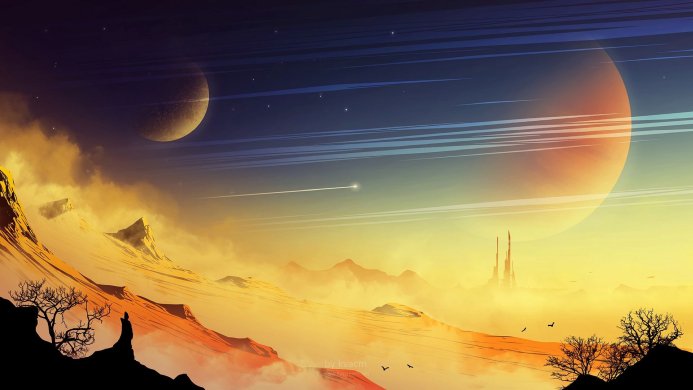 A yellow and blue sci-fi landscape with a silhouette of a person on a cliff