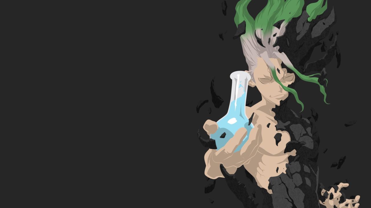 Senku Ishigami holding a flask from Dr Stone