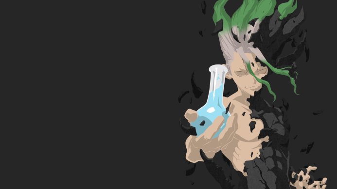 Senku Ishigami from Dr. Stone holding a blue liquid in a flask