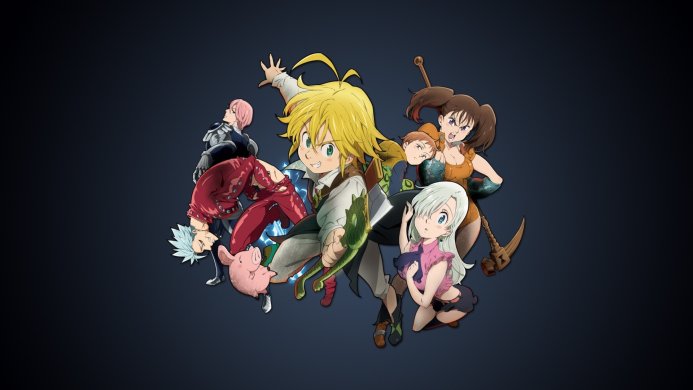 Group of characters from The Seven Deadly Sins anime series, including Meliodas, Elizabeth, and Diane