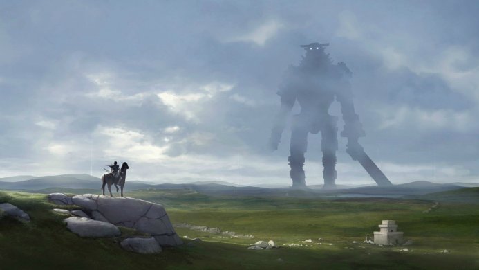 Wanderer on horseback faces a giant colossus in Shadow of the Colossus landscape