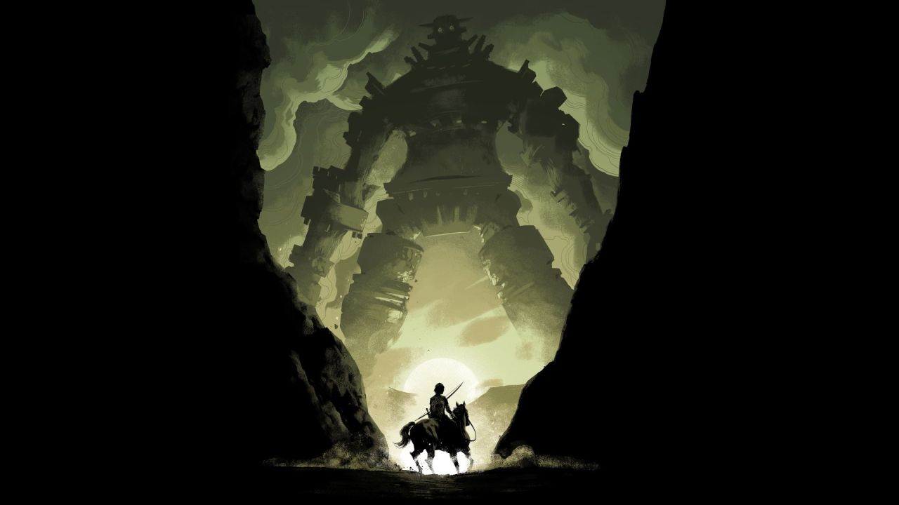 Wander and giant colossus in a misty landscape