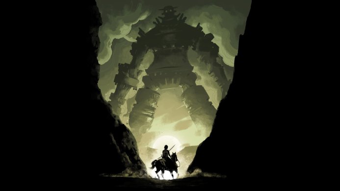 Warrior on horseback facing a giant colossus in Shadow of the Colossus