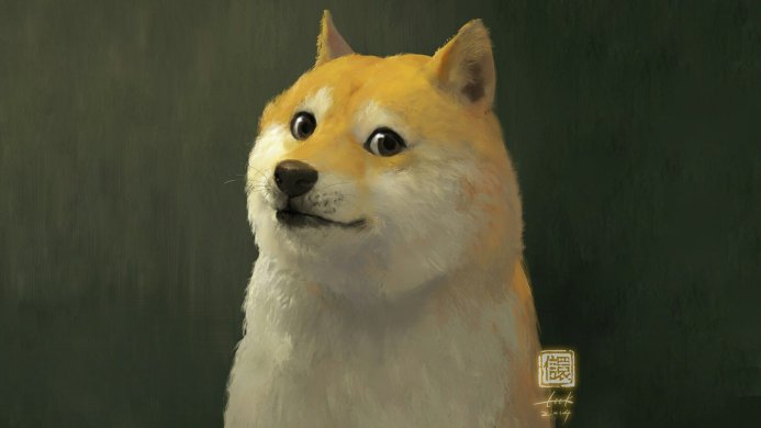 Painting of a Shiba Inu dog with a dark green background and Japanese calligraphy at the bottom