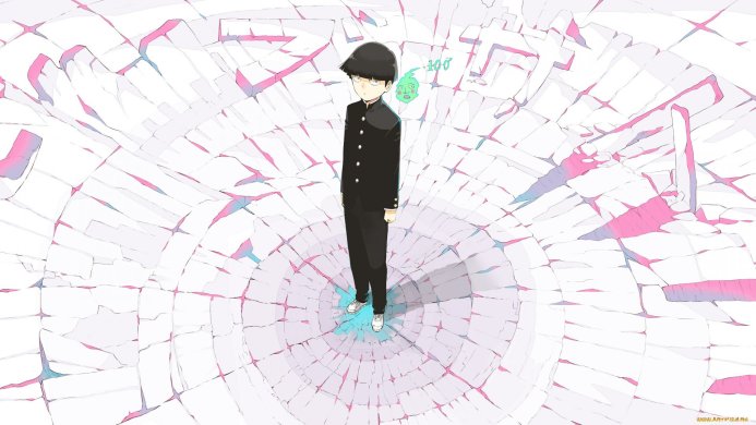 Shigeo Kageyama from Mob Psycho 100 stands above a fractured white plane with a spirit