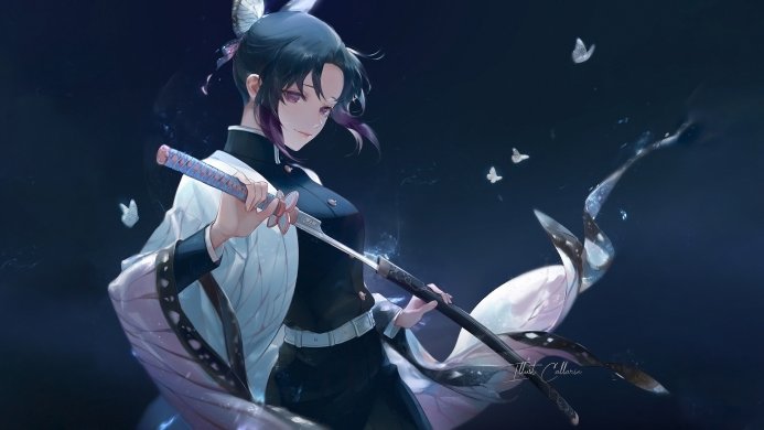 Shinobu Kocho from Demon Slayer holding a katana with butterflies around her